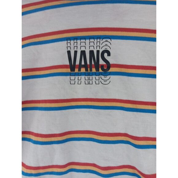 VANS Women's Boxy Striped Cropped T-shirt Red Yellow  Blue White Size L Vtg Logo - Picture 2 of 11